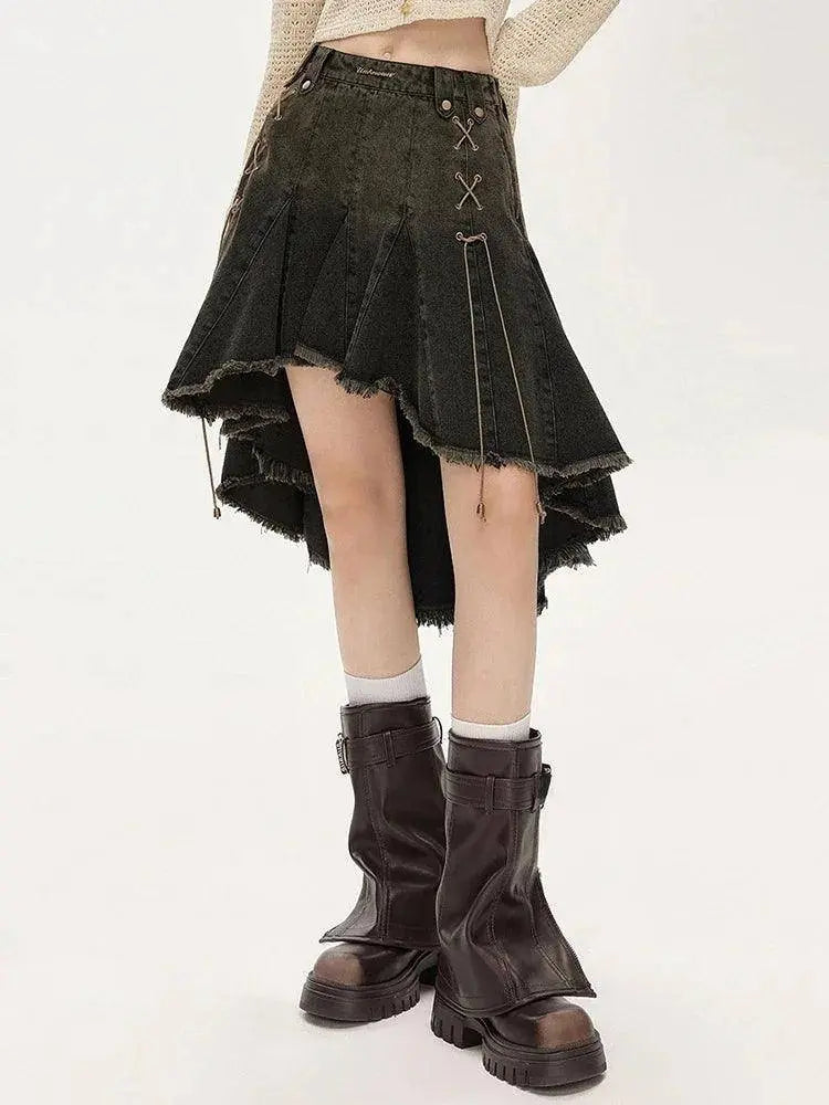 2025 Women Lace Up Academia E-girl Japanese Y2k Irregular Pleated Denim Skirt Gyaru Coquette Harajuku 2000s Jean New black - Tophatter Daily Deals