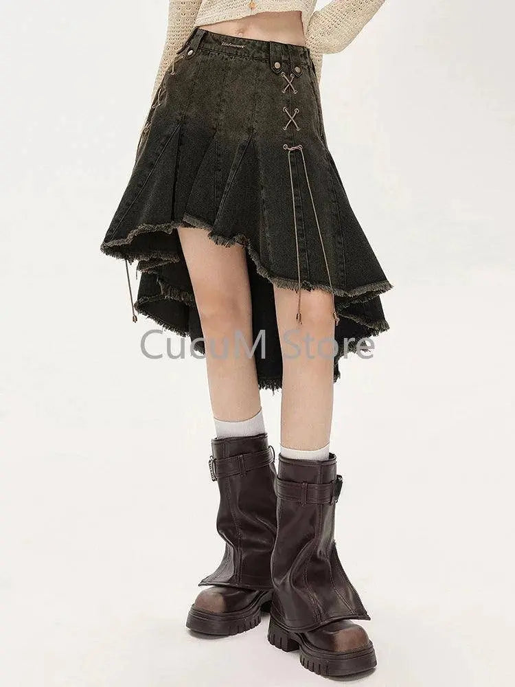 2025 Women Lace Up Academia E-girl Japanese Y2k Irregular Pleated Denim Skirt Gyaru Coquette Harajuku 2000s Jean New - Tophatter Daily Deals