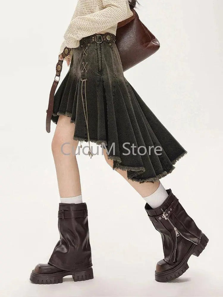 2025 Women Lace Up Academia E-girl Japanese Y2k Irregular Pleated Denim Skirt Gyaru Coquette Harajuku 2000s Jean New - Tophatter Daily Deals