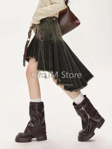 2025 Women Lace Up Academia E-girl Japanese Y2k Irregular Pleated Denim Skirt Gyaru Coquette Harajuku 2000s Jean New - Tophatter Daily Deals