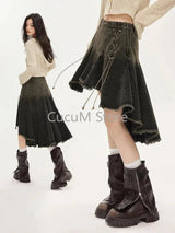 2025 Women Lace Up Academia E-girl Japanese Y2k Irregular Pleated Denim Skirt Gyaru Coquette Harajuku 2000s Jean New - Tophatter Daily Deals