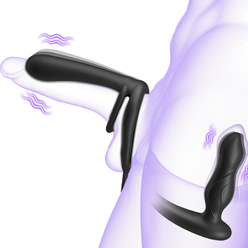 Double Penetration Double Vibration Couple Vibrator with Locking Sperm Ring black Anal Toys - Tophatter Daily Deals