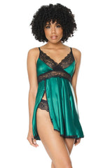 Coquette - 20302 - Lace & Satin Babydoll & Thong Set - Green/Black Green Lingerie - Tophatter Daily Deals