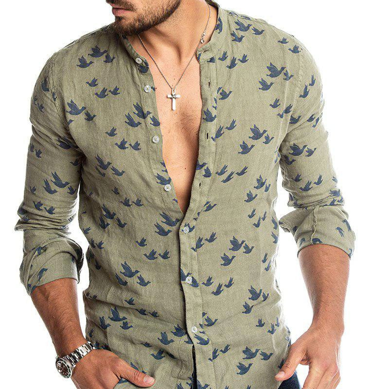3D printed linen colorblock stand collar shirt Green 0 - Tophatter Daily Deals