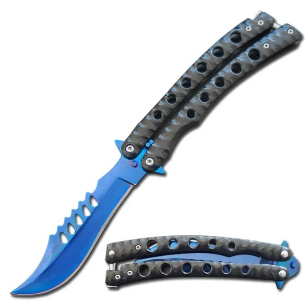 9" The Predator Curved Blue Blade Butterfly Knife - Tophatter's Army Products & Self Defense Collectible Weapons - Tophatter Daily Deals