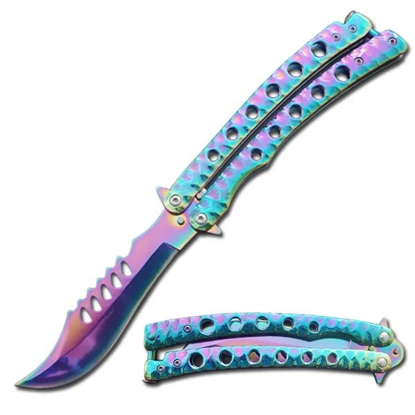 9" The Predator Curved Rainbow Blade Butterfly Knife Collectible Weapons - Tophatter Daily Deals