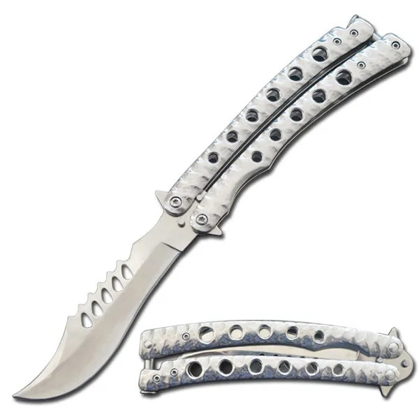 9" The Predator Curved Silver Blade Butterfly Knife - Tophatter's Guns'N'Weapons Store Collectible Weapons - Tophatter Daily Deals
