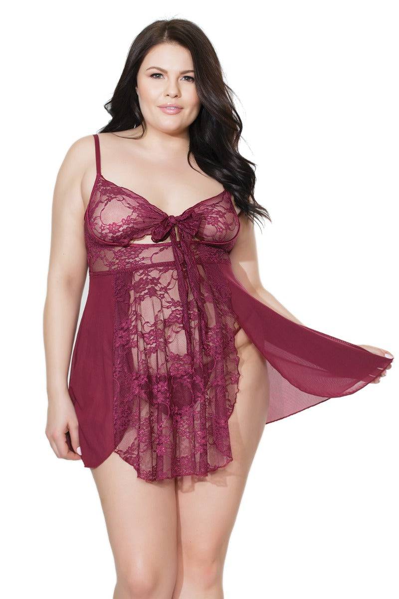 Coquette - 20408 Plus - Babydoll & G-String Set - Merlot - OSXL Lingerie - Tophatter Daily Deals