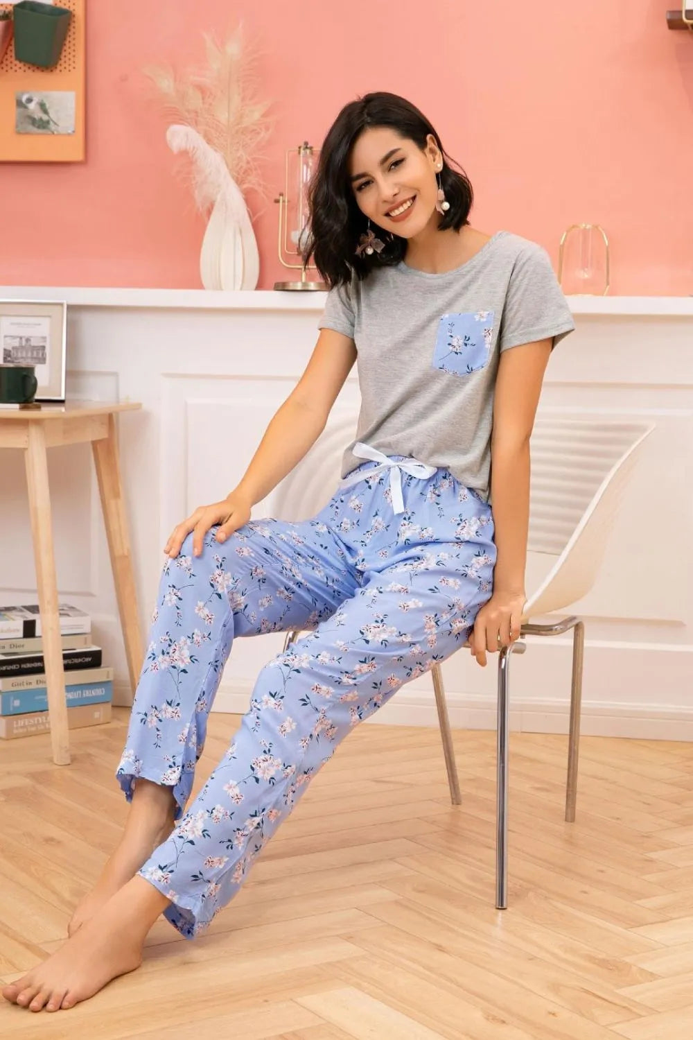 Round Neck T-Shirt and Floral Pants Lounge Set Loungewear Sets - Tophatter Daily Deals