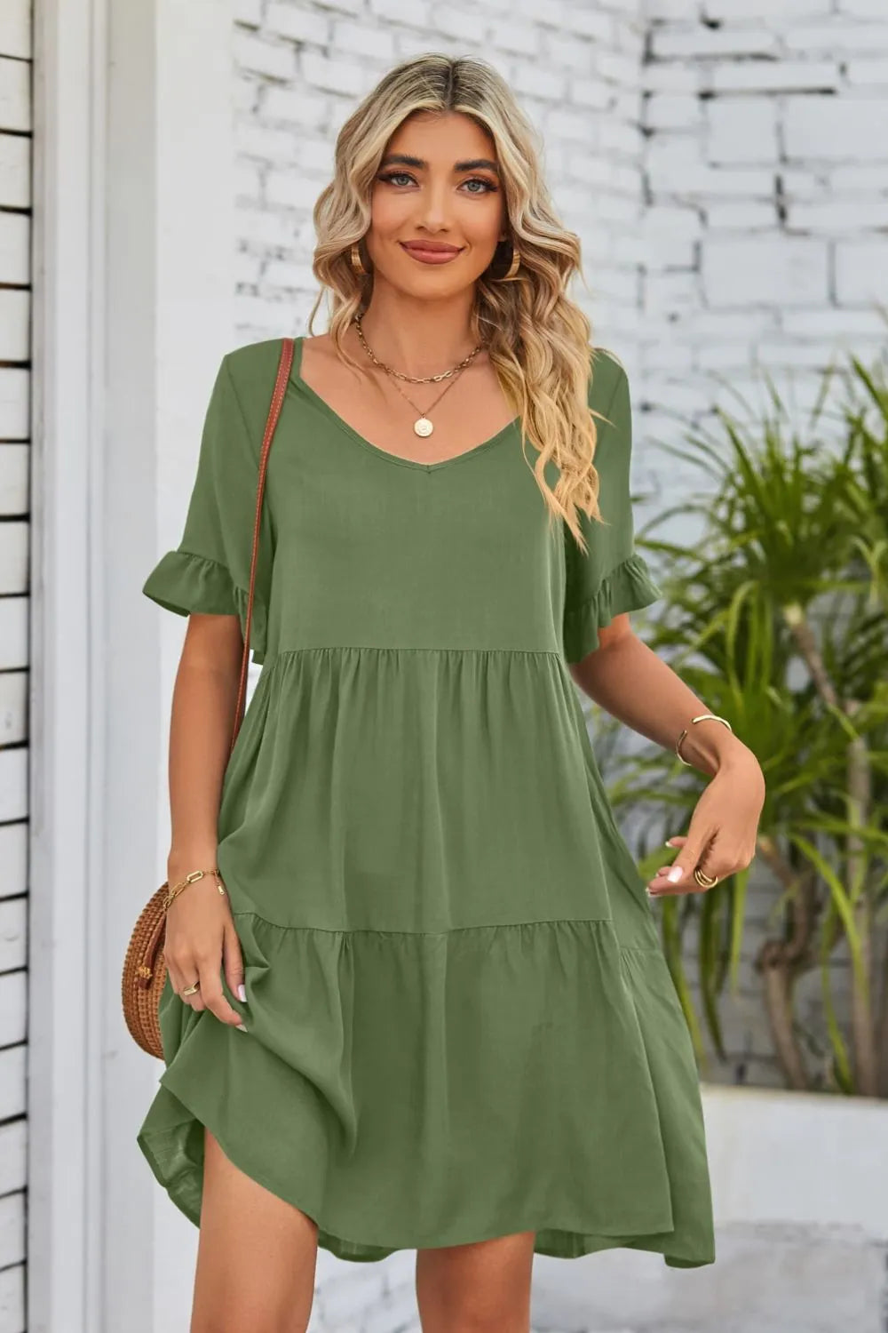 V-Neck Flounce Sleeve Tiered Dress Army Green Casual Dresses - Tophatter Daily Deals