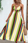 Multicolored Stripe Crisscross Backless Dress Yellow Green Casual Dresses - Tophatter Daily Deals