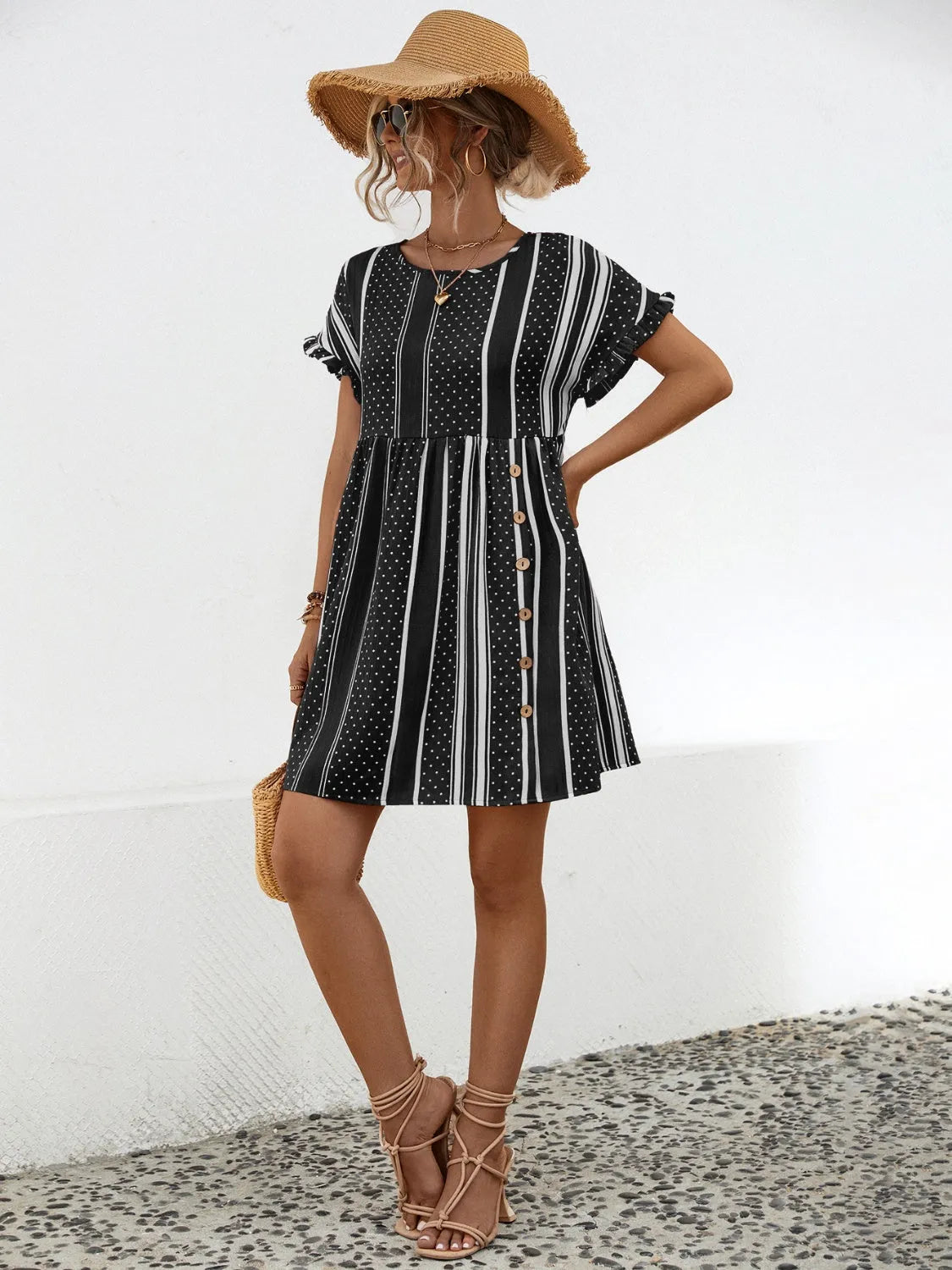 Striped Polka Dot Frill Short Sleeve Mini Dress Casual Dresses - Tophatter Daily Deals