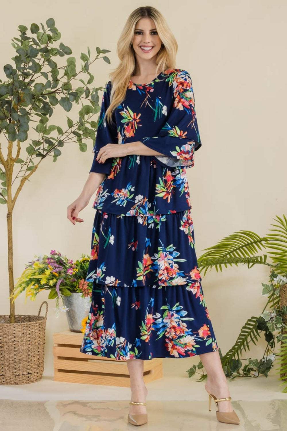 Celeste Full Size Floral Ruffle Tiered Midi Dress Casual Dresses - Tophatter Daily Deals