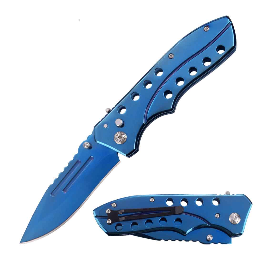 5.35" Closed Blue Switchblade Automatic Clip Point Blade Knife - TOPHATTER'S ARMORY DEALS Collectible Weapons - Tophatter Daily Deals