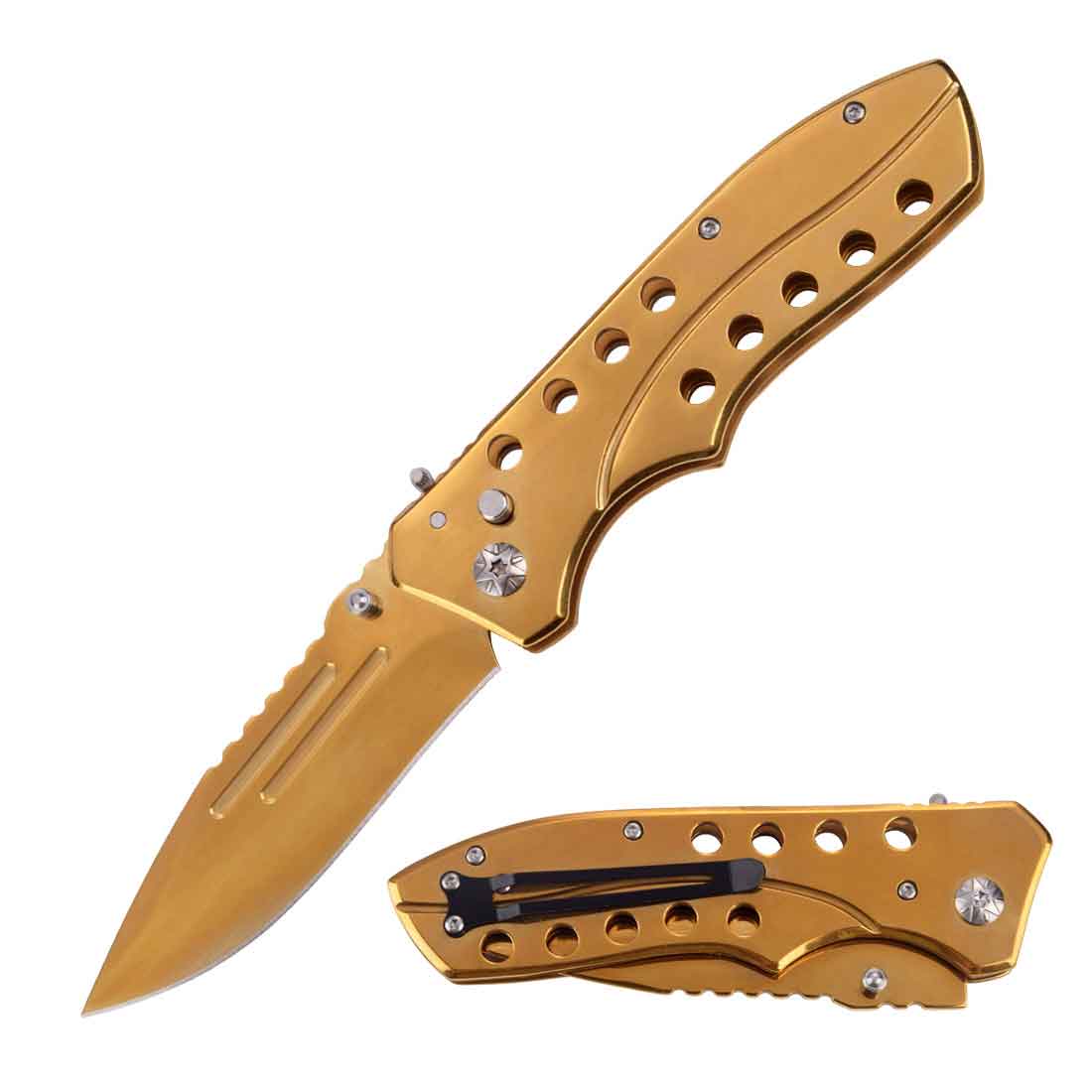 5.35" Closed Golden Switchblade Automatic Clip Point Blade Knife - TOPHATTER'S ARMORY DEALS Collectible Weapons - Tophatter Daily Deals