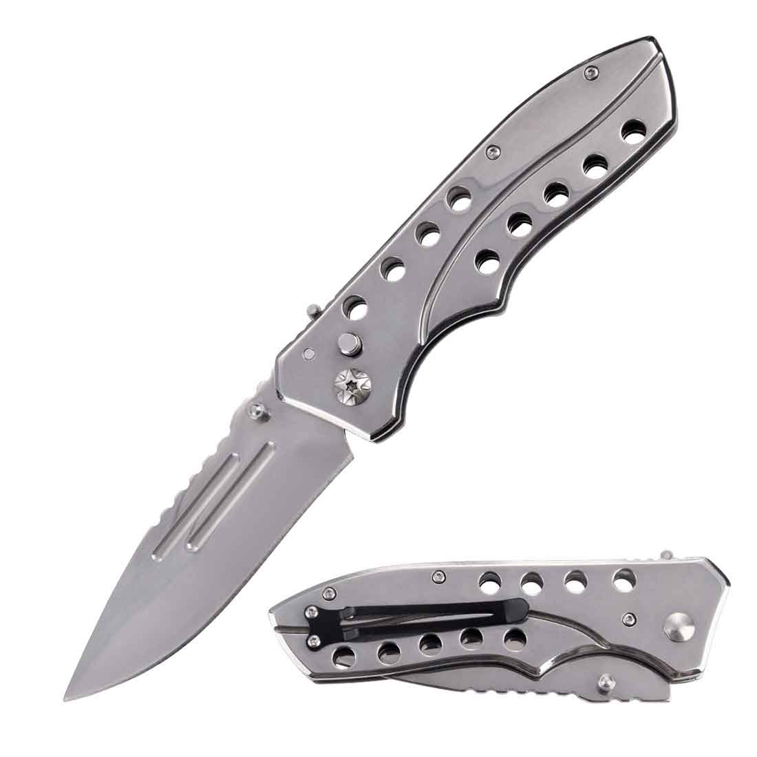 5.35" Closed Silver Switchblade Automatic Clip Point Blade Knife - TOPHATTER'S ARMORY DEALS Collectible Weapons - Tophatter Daily Deals