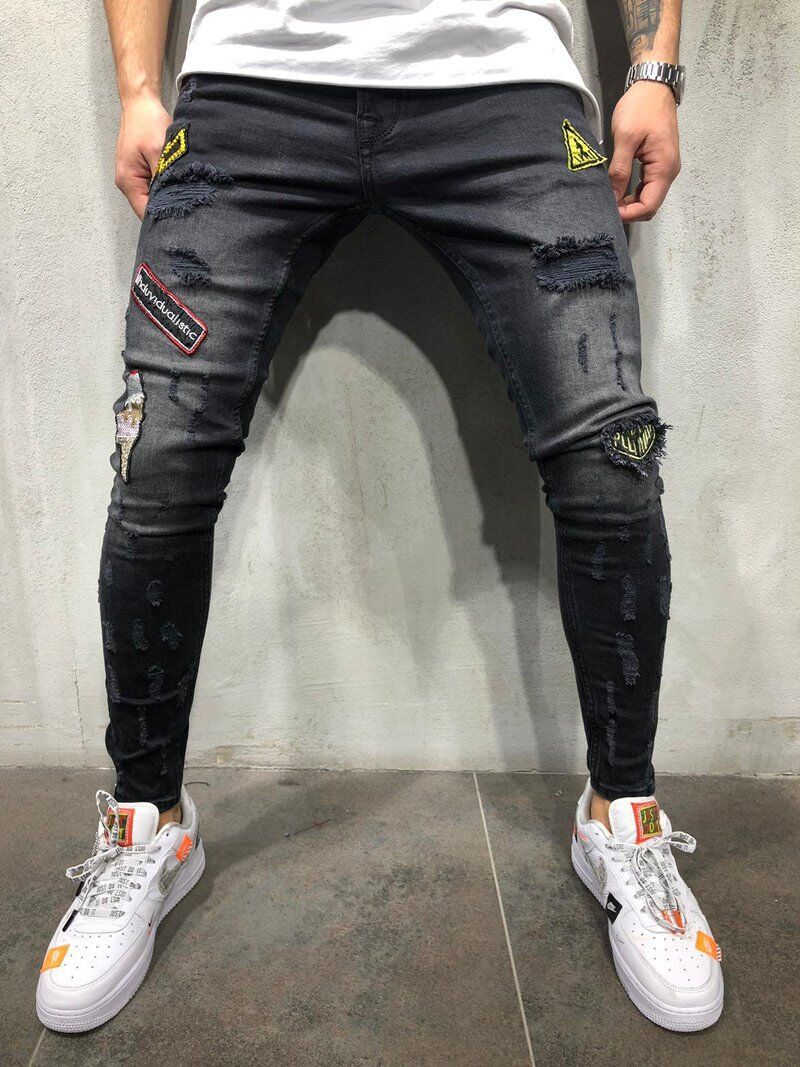 Blue ripped logo jeans black 0 - Tophatter Daily Deals
