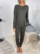 Round Neck Top and Drawstring Pants Lounge Set Loungewear Sets - Tophatter Daily Deals