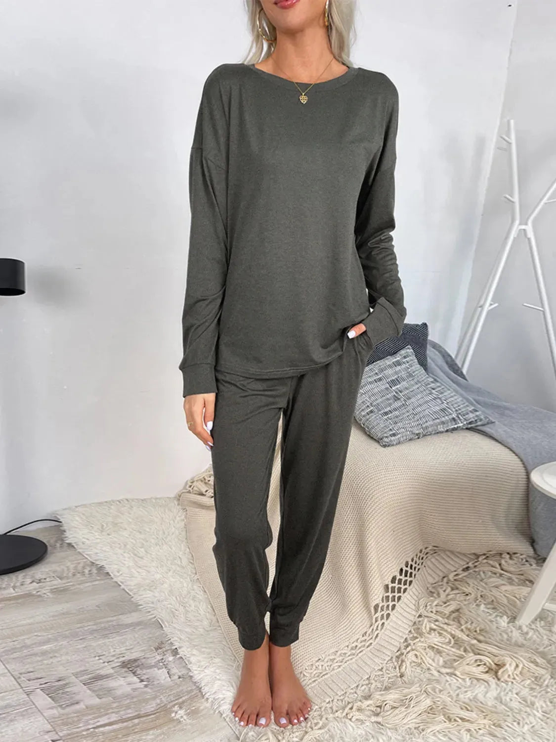 Round Neck Top and Drawstring Pants Lounge Set Loungewear Sets - Tophatter Daily Deals