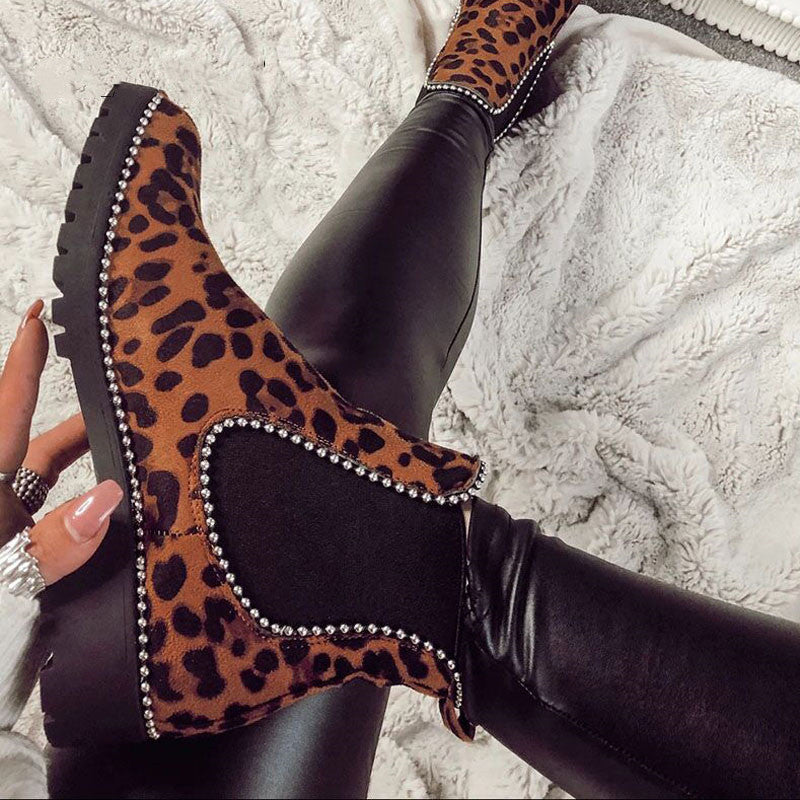 Beaded thick hard plus size women's boots Leopard brown 0 - Tophatter Daily Deals