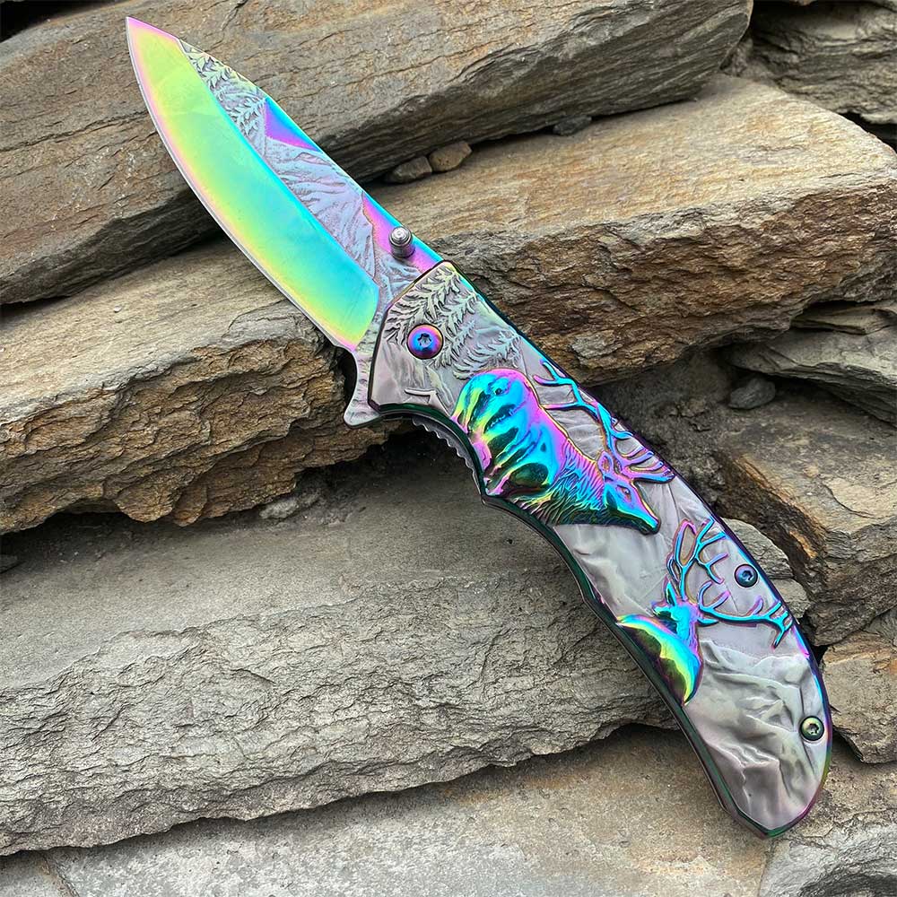 Fantastic Reindeer Folding Knife Colored Titanium - Tophatter Daily Deals