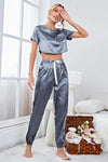 Satin Short Sleeve Crop Top and Joggers Lounge Set Loungewear Sets - Tophatter Daily Deals