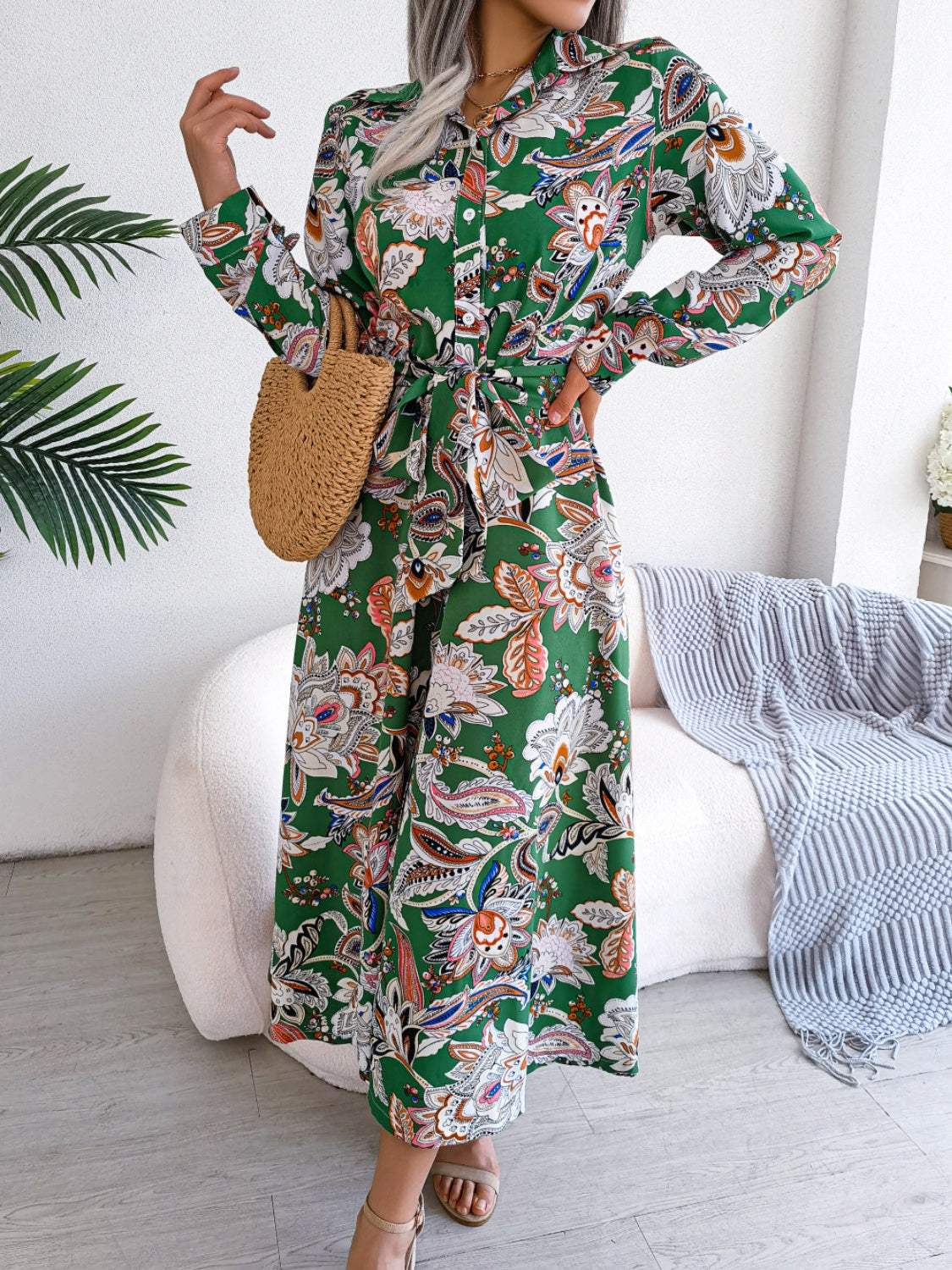 Tied Printed Long Sleeve Midi Dress Casual Dresses - Tophatter Daily Deals