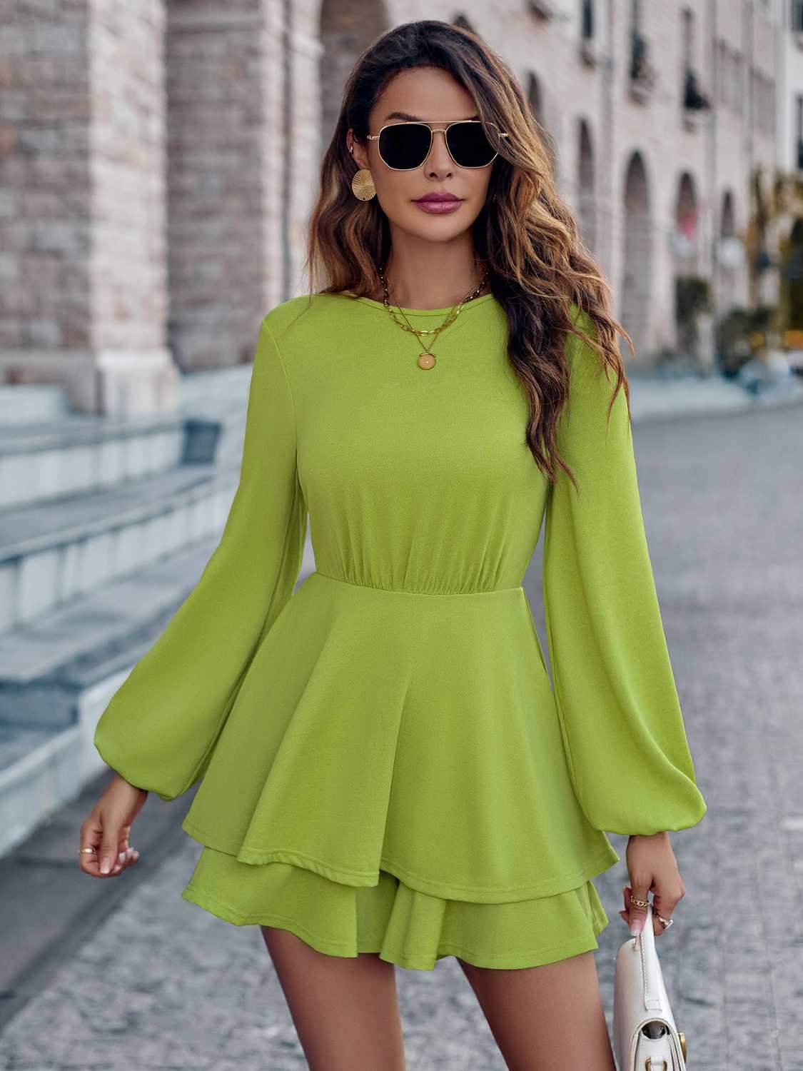 Round Neck Layered Mini Dress Lime Casual Dresses - Tophatter Daily Deals