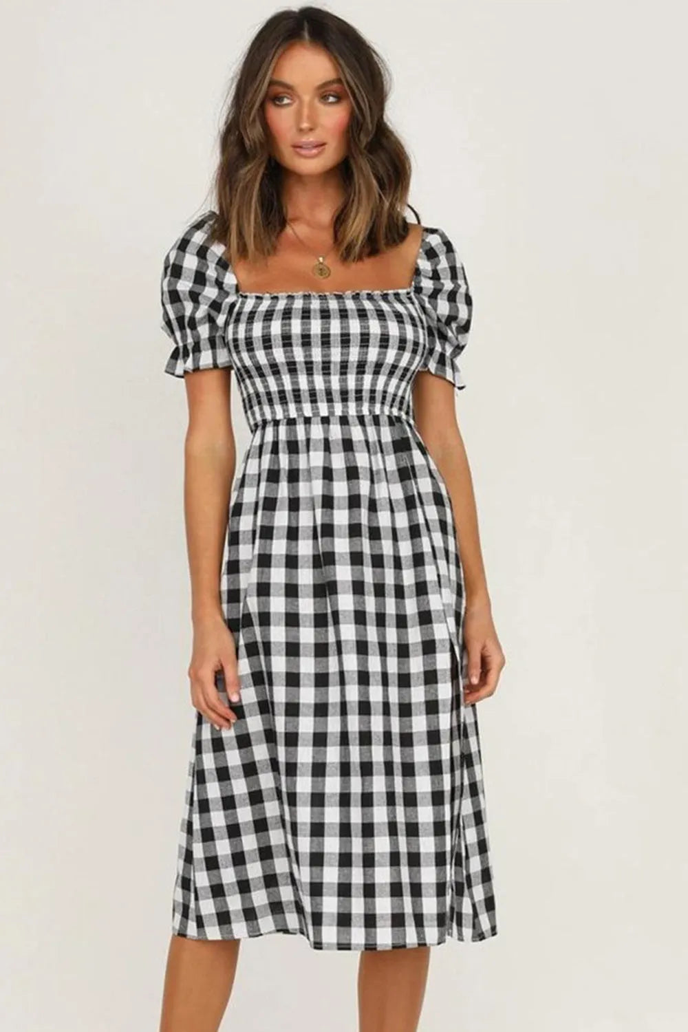 Full Size Slit Plaid Short Sleeve Midi Dress Casual Dresses - Tophatter Daily Deals