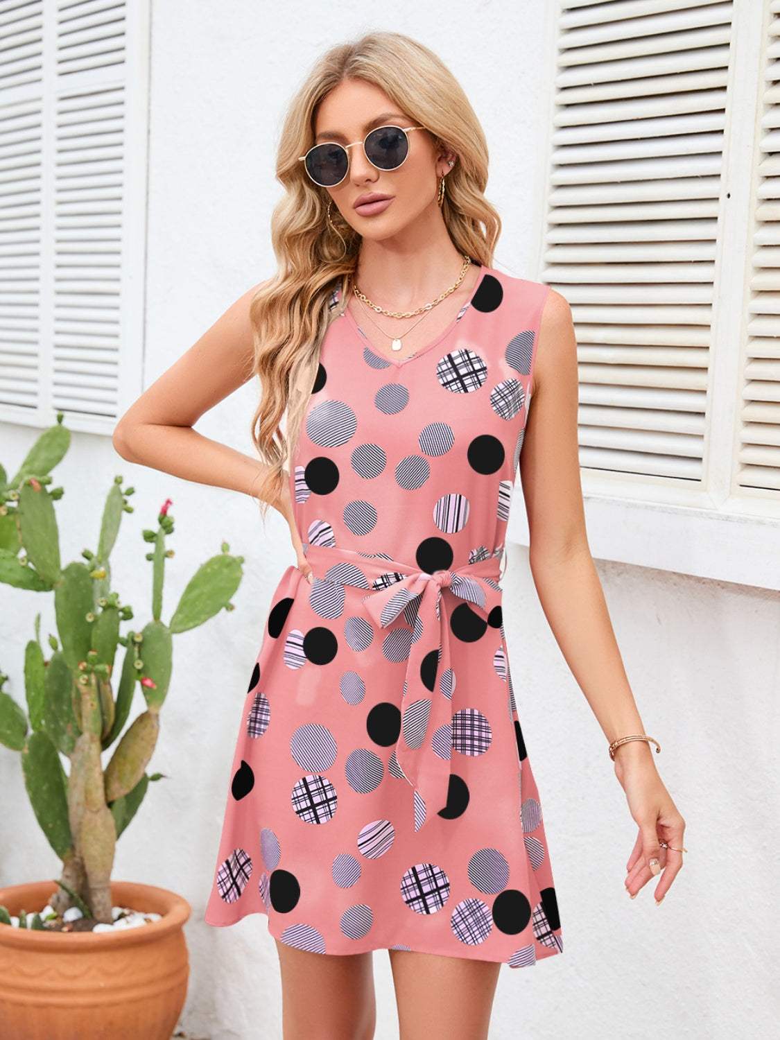 Tied Polka Dot V-Neck Dress Light Mauve Casual Dresses - Tophatter Daily Deals