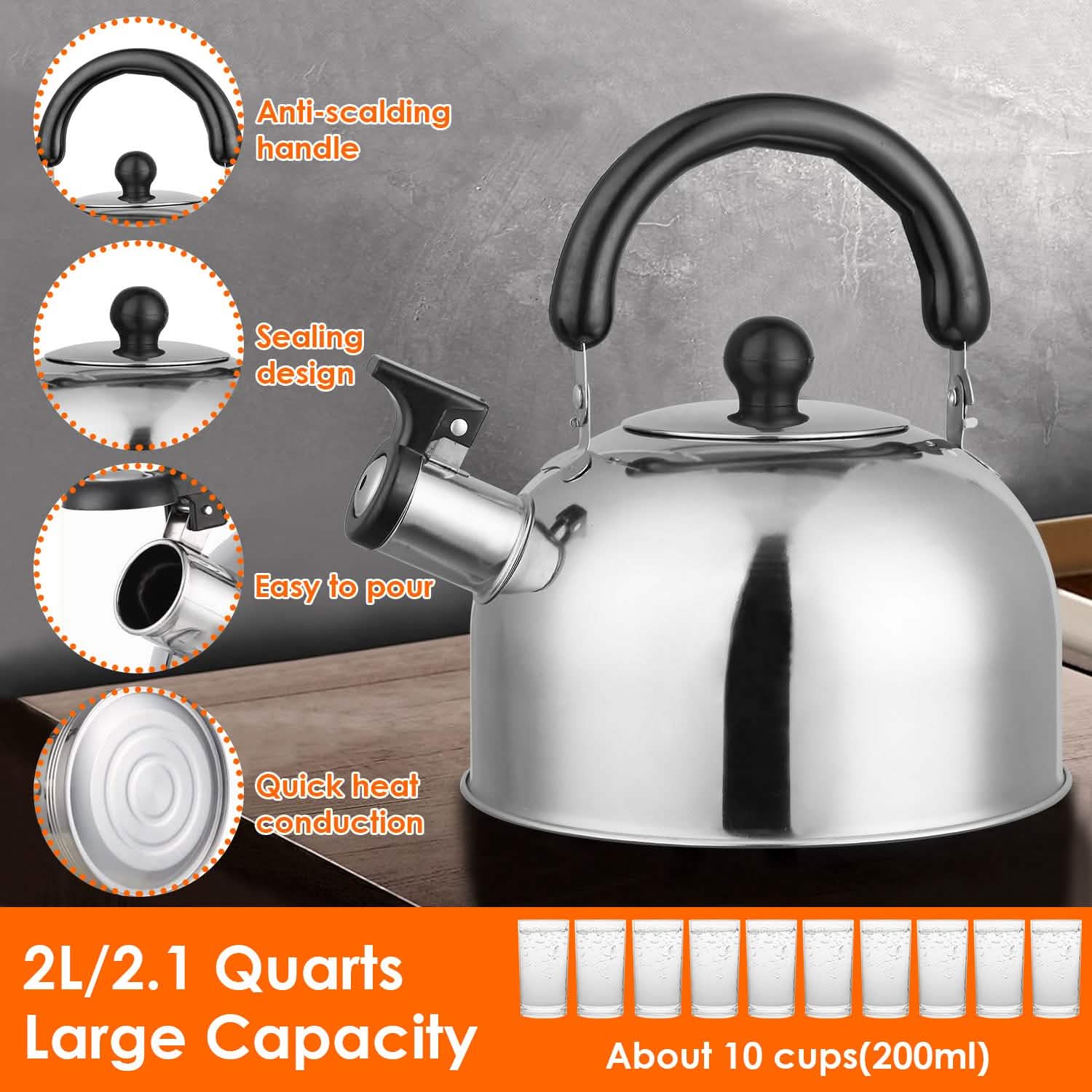 2.1 Quarts Stainless Steel Whistling Tea Kettle Stovetop Induction Gas Teapot Kitchen Tools & Gadgets - Tophatter Daily Deals