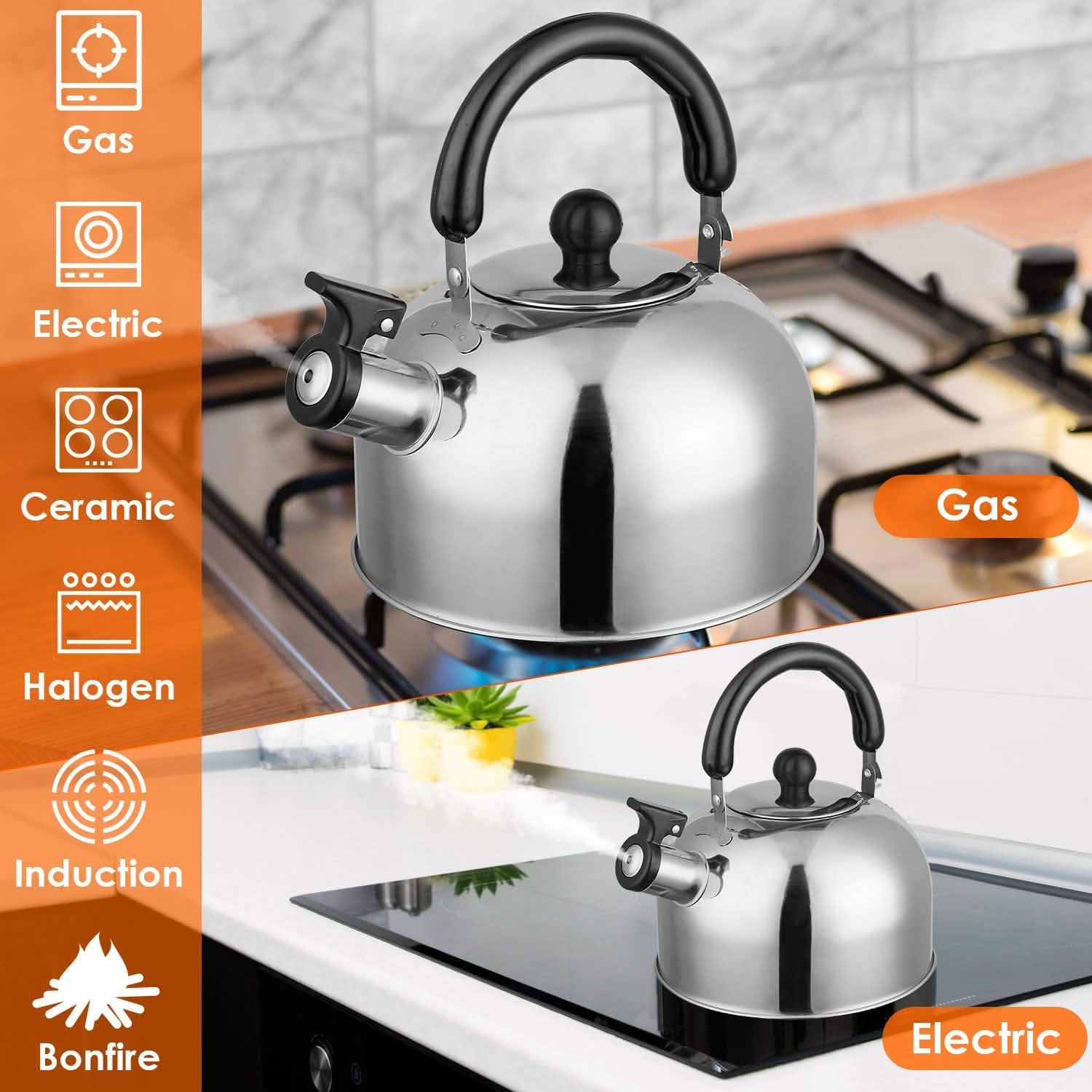 2.1 Quarts Stainless Steel Whistling Tea Kettle Stovetop Induction Gas Teapot Kitchen Tools & Gadgets - Tophatter Daily Deals