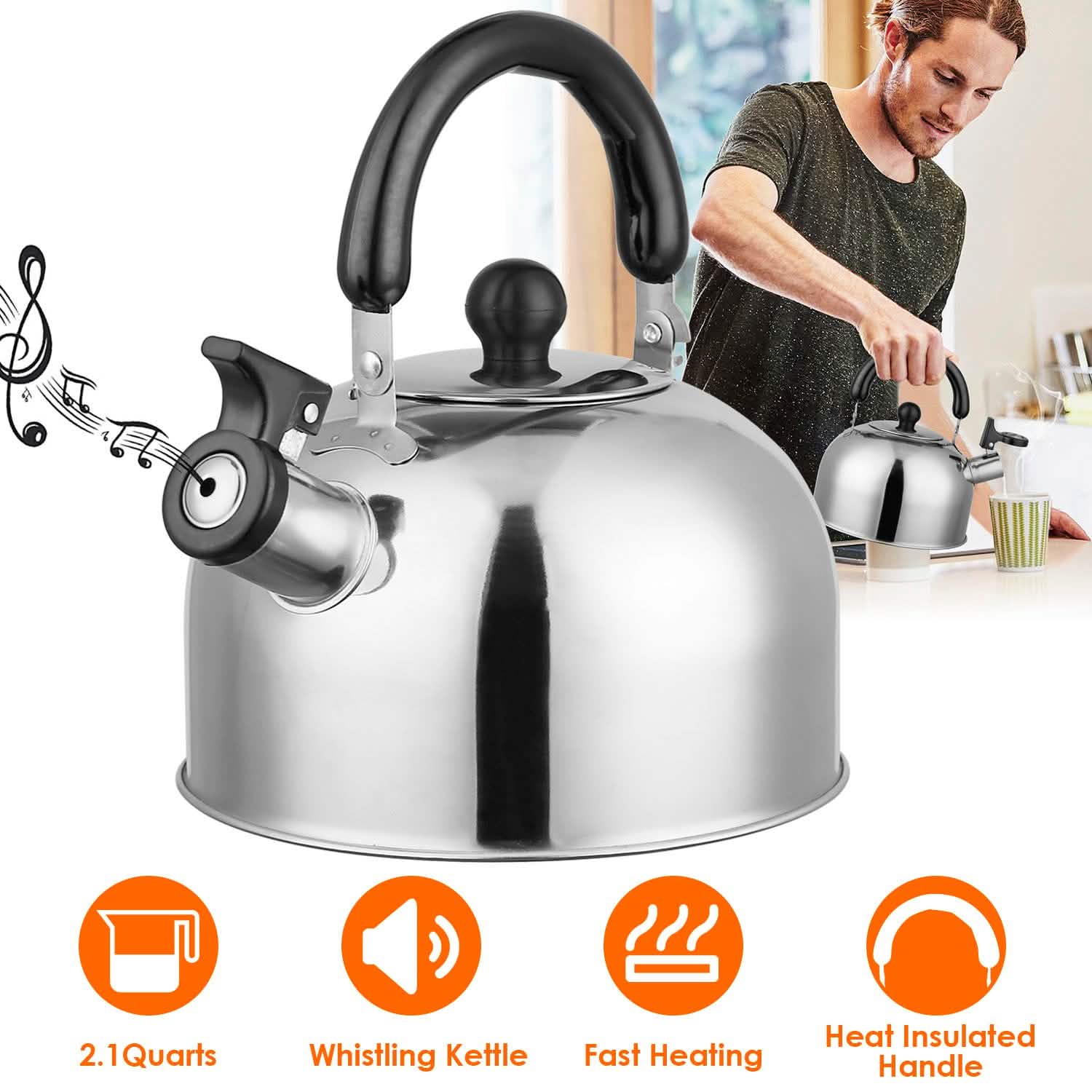 2.1 Quarts Stainless Steel Whistling Tea Kettle Stovetop Induction Gas Teapot Kitchen Tools & Gadgets - Tophatter Daily Deals