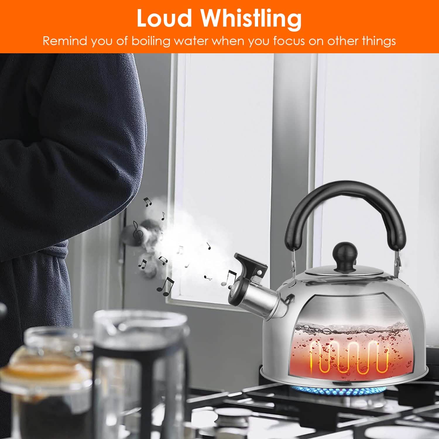 2.1 Quarts Stainless Steel Whistling Tea Kettle Stovetop Induction Gas Teapot Kitchen Tools & Gadgets - Tophatter Daily Deals