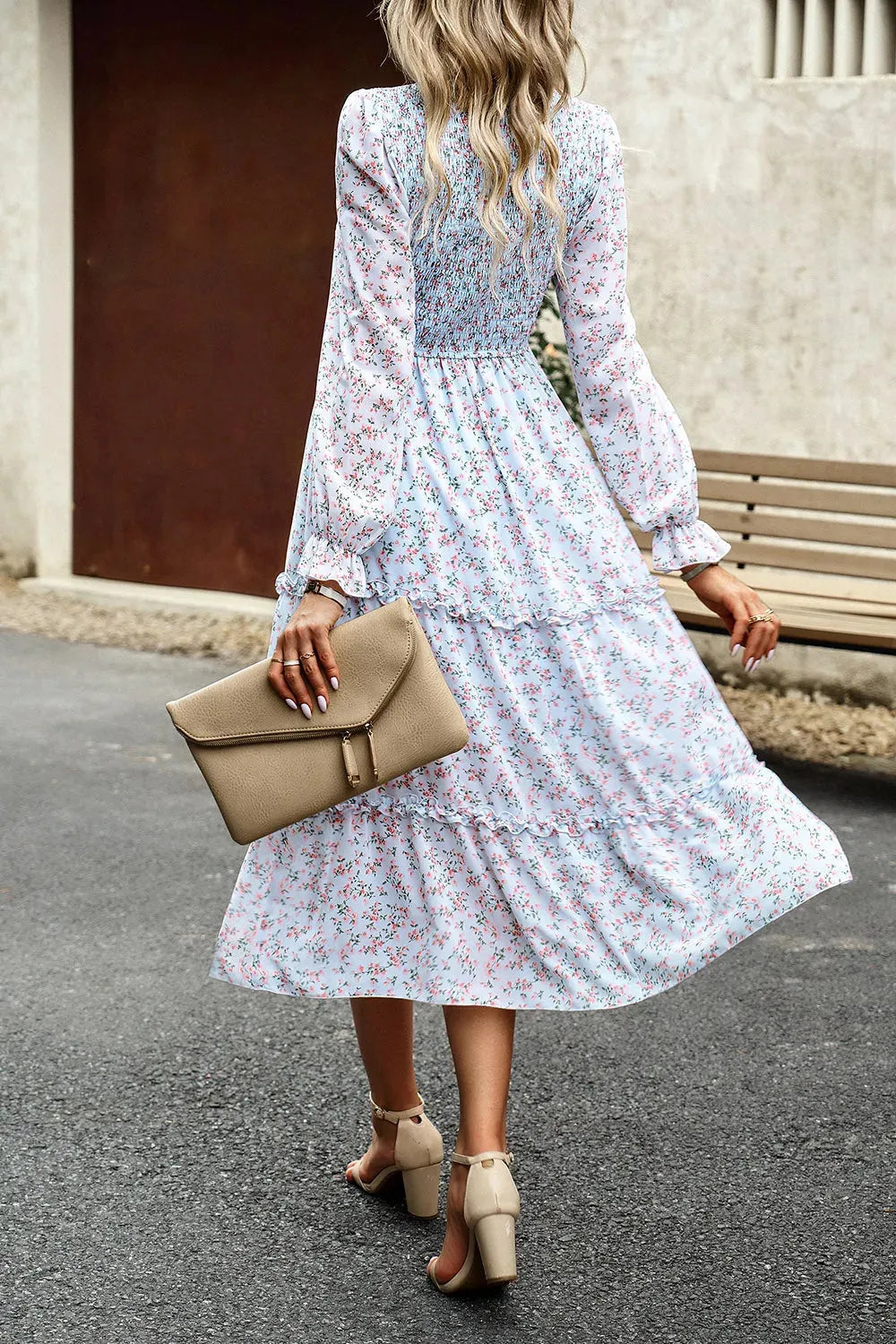 Smocked Flounce Sleeve Midi Dress Casual Dresses - Tophatter Daily Deals