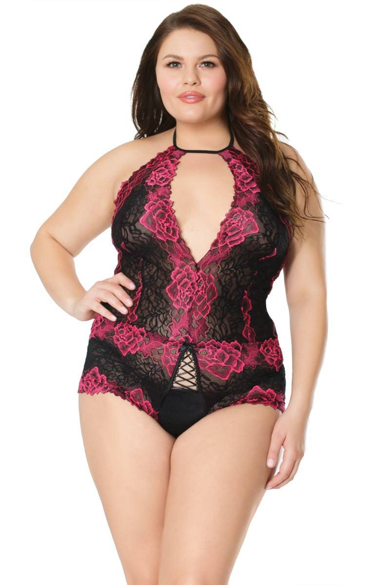 Coquette - 21126X - Plus Size Crotchless Lace Teddy - Black/Fuchsia - OS/XL Lingerie - Tophatter Daily Deals