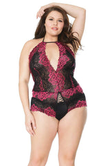 Coquette - 21126X - Plus Size Crotchless Lace Teddy - Black/Fuchsia - OS/XL Lingerie - Tophatter Daily Deals