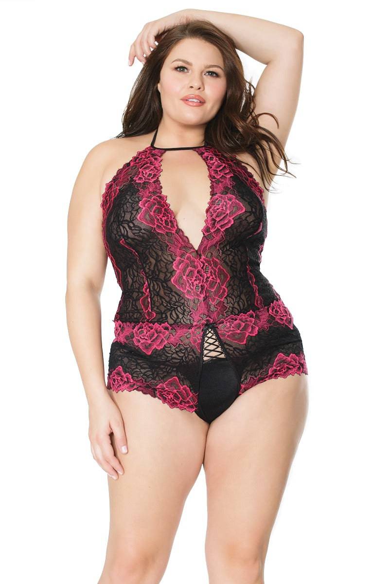 Coquette - 21126X - Plus Size Crotchless Lace Teddy - Black/Fuchsia - OS/XL Lingerie - Tophatter Daily Deals