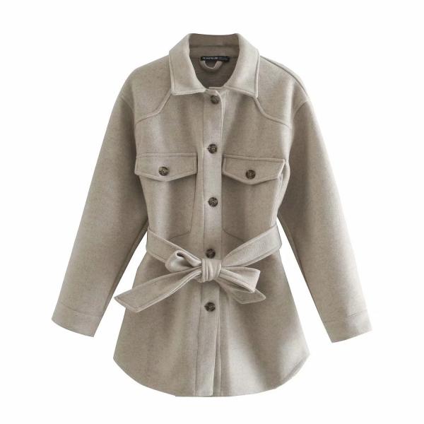 Turn Down Collar Jackets Fashion Tie Belt Waist Coats Women Elegant Pockets Grey Jacket - Tophatter Daily Deals