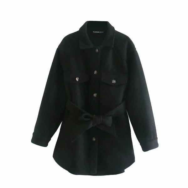 Turn Down Collar Jackets Fashion Tie Belt Waist Coats Women Elegant Pockets Black Jacket - Tophatter Daily Deals