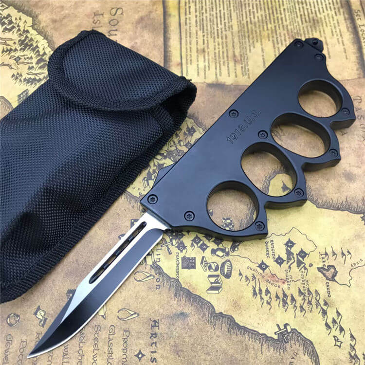 1918-style boxing gloves with a straight punch and a knife at the ready-GS06 Black Pocket Knives - Tophatter Daily Deals