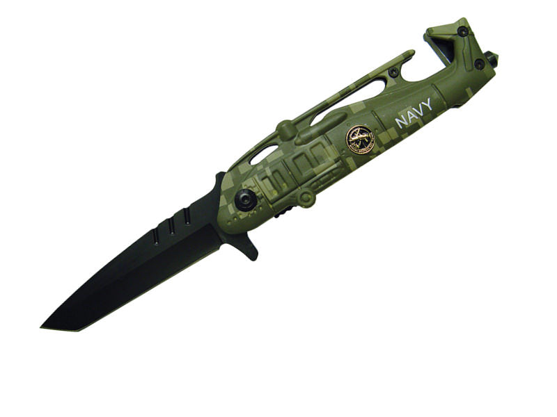 Navy Camo Helicopter Tanto Assisted Open Knife Rescue Knife - TOPHATTER'S ARMORY DEALS Collectible Weapons - Tophatter Daily Deals