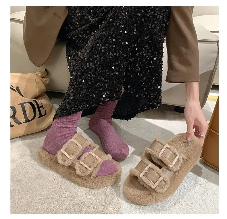 Women's Fashion All-match Furry Fleece-lined Belt Buckle Cotton Slippers Humidifier - Tophatter Daily Deals