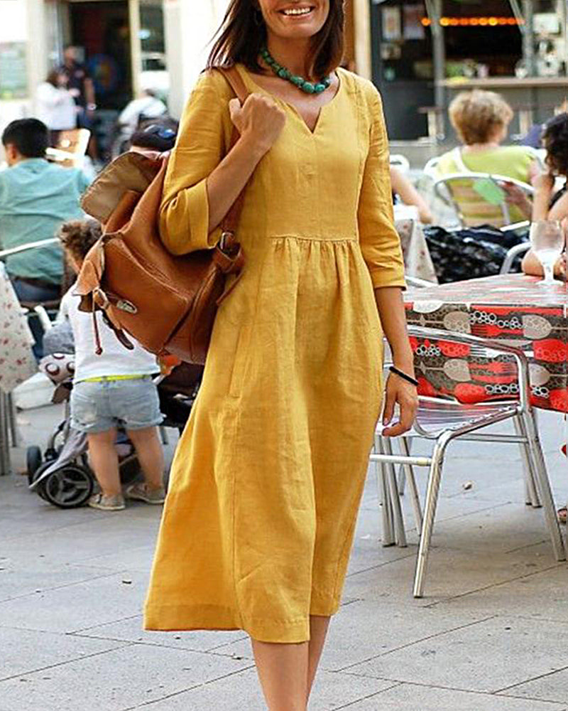 Loose Cotton Linen Beach Dresses Yellow Midi Dresses - Tophatter Daily Deals