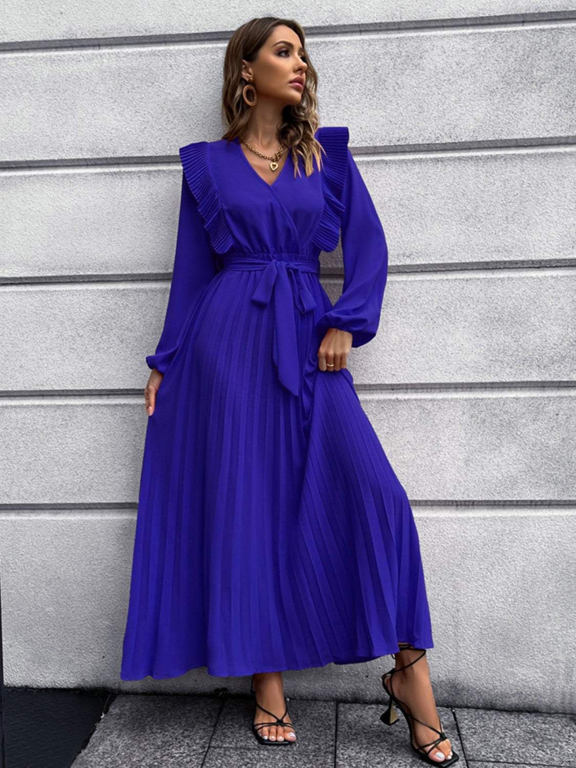 Pleated Surplice Tie Waist Maxi Dress Casual Dresses - Tophatter Daily Deals