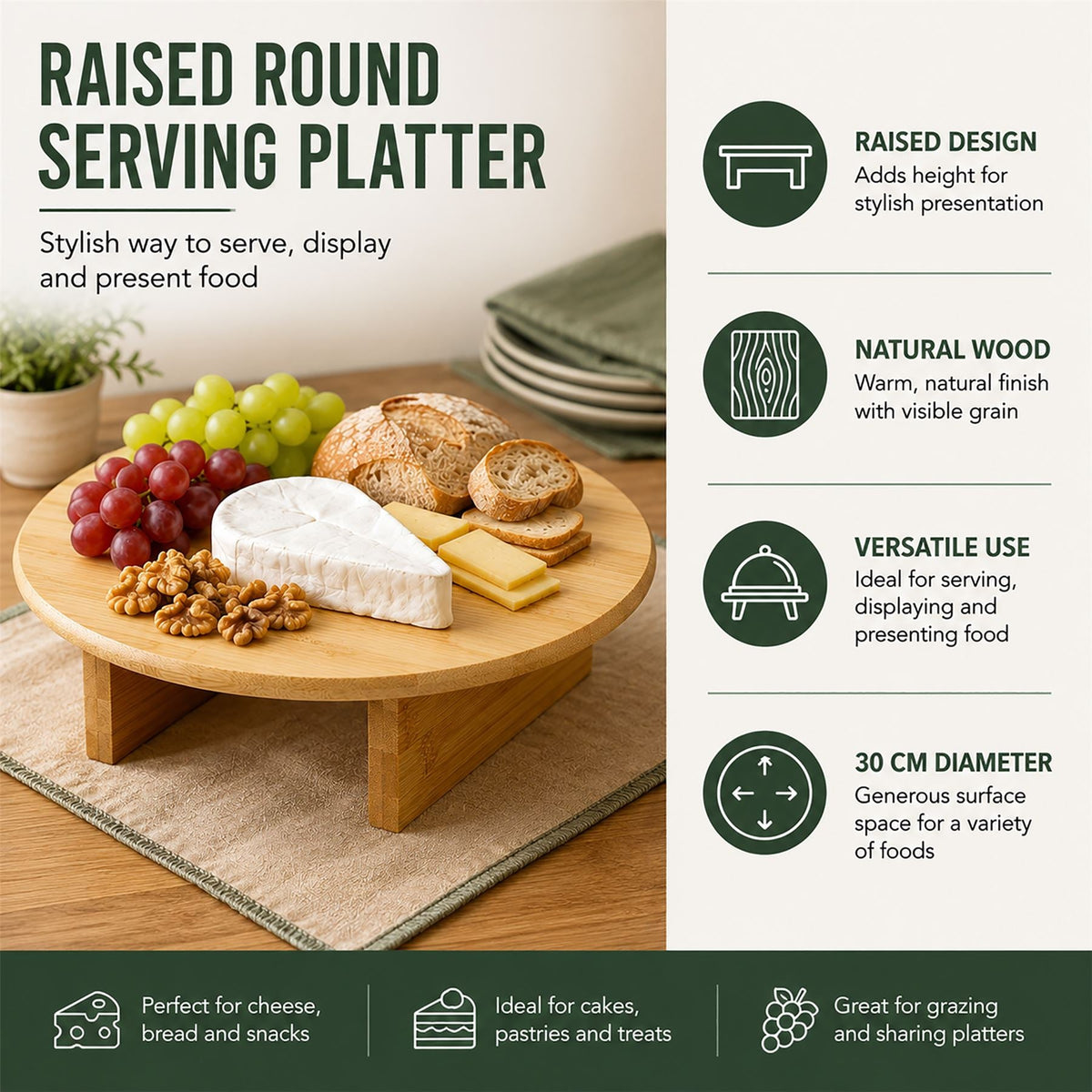 Wooden Raised Round Serving Platter 30cm, Footed Serving Board for Cake & Pastry Serving Board - Tophatter Daily Deals