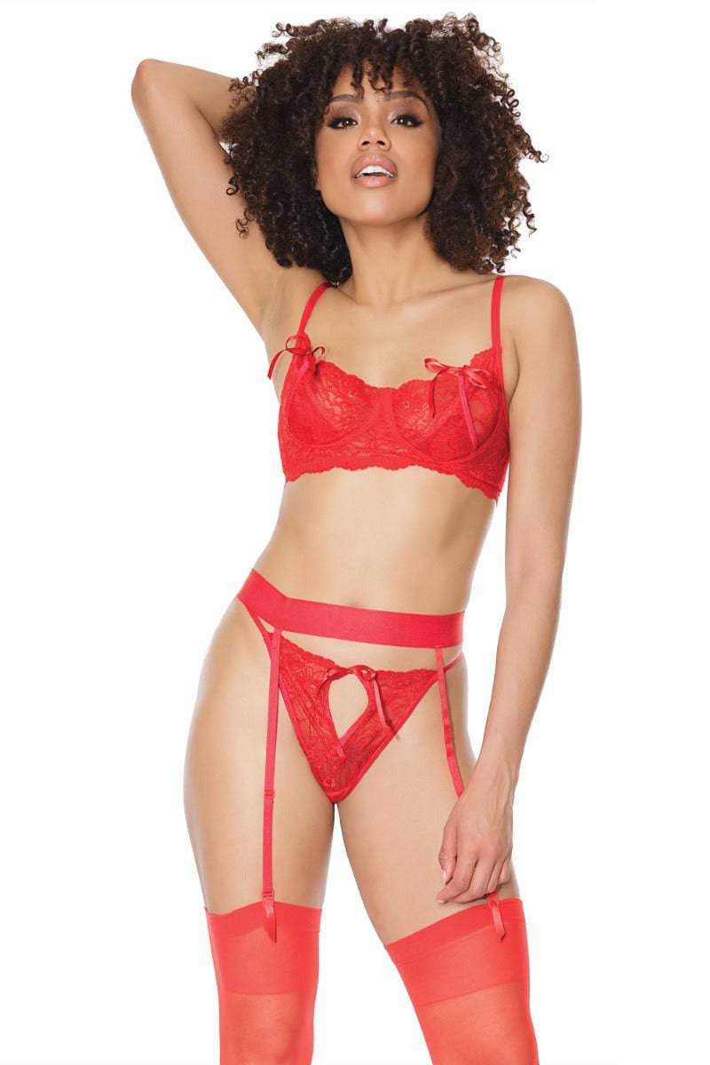 Coquette - 21308 - Bra Garter Belt & G-String Set - Cranberry Red Lingerie - Tophatter Daily Deals