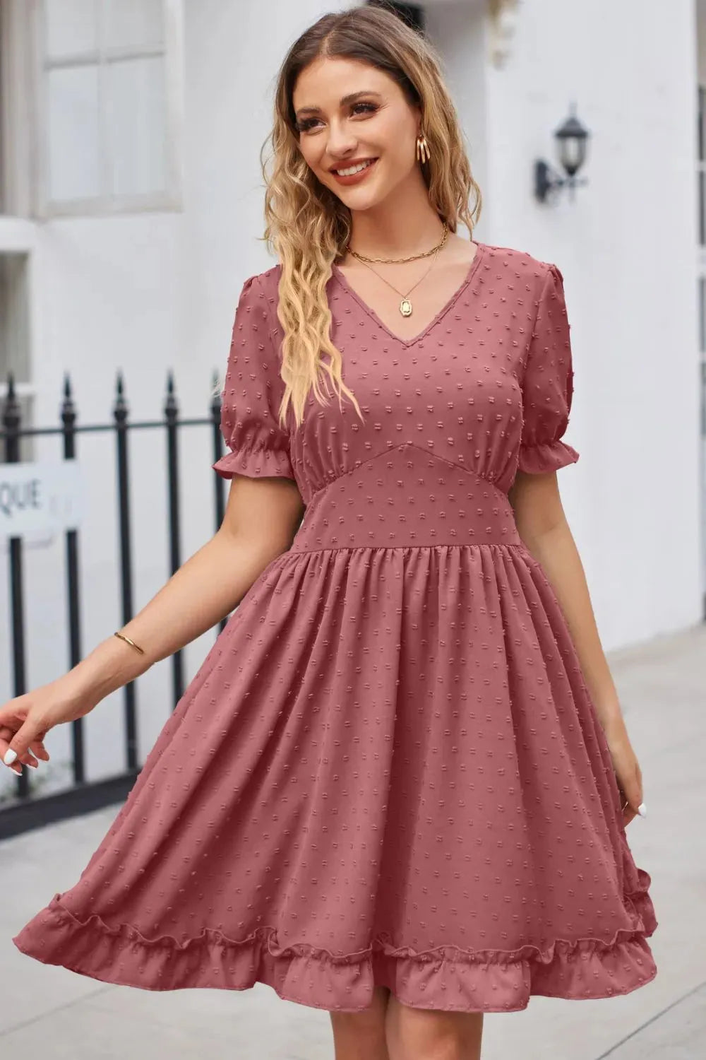 Swiss Dot Frill Trim Flounce Sleeve V-Neck Dress Casual Dresses - Tophatter Daily Deals