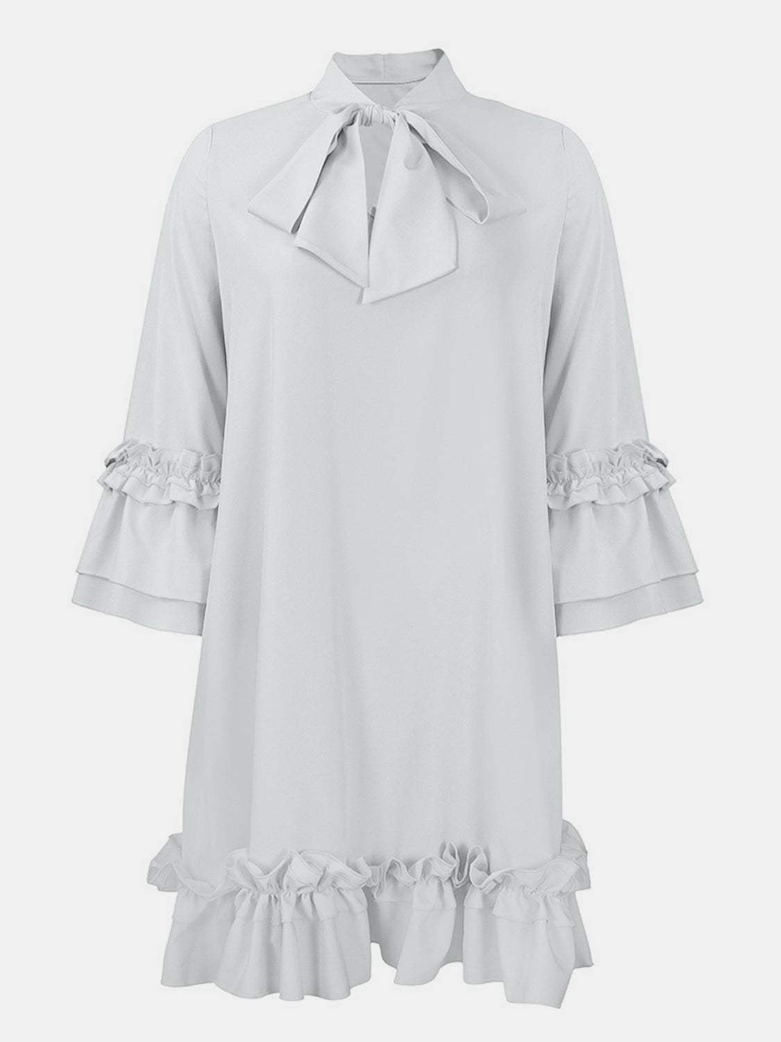 Frill Tie Neck Three-Quarter Sleeve Dress White Casual Dresses - Tophatter Daily Deals