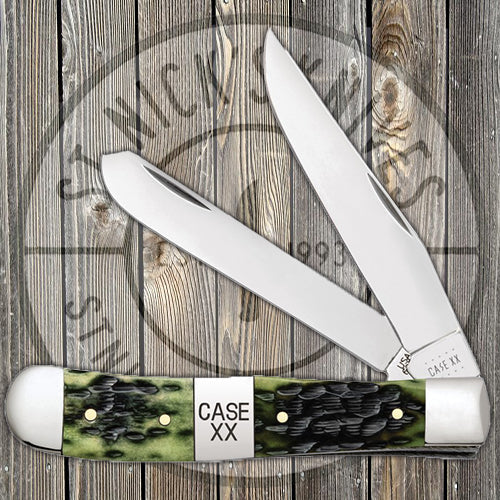 Case Trapper - Jigged Olive Green Bone - Tang Stamp Center Bolster - 21511 Traditional Knives - Tophatter Daily Deals